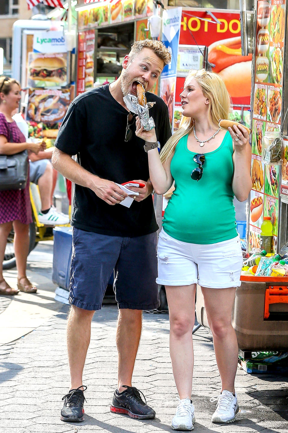 <p>Yes, Spencer, we see you! The former <i>Hills</i> star made sure to make a face that would be noticed by photographers as he noshed on a hot dog — apparently, the best hot dog ever — from an NYC street vendor. (Photo: BACKGRID) </p>