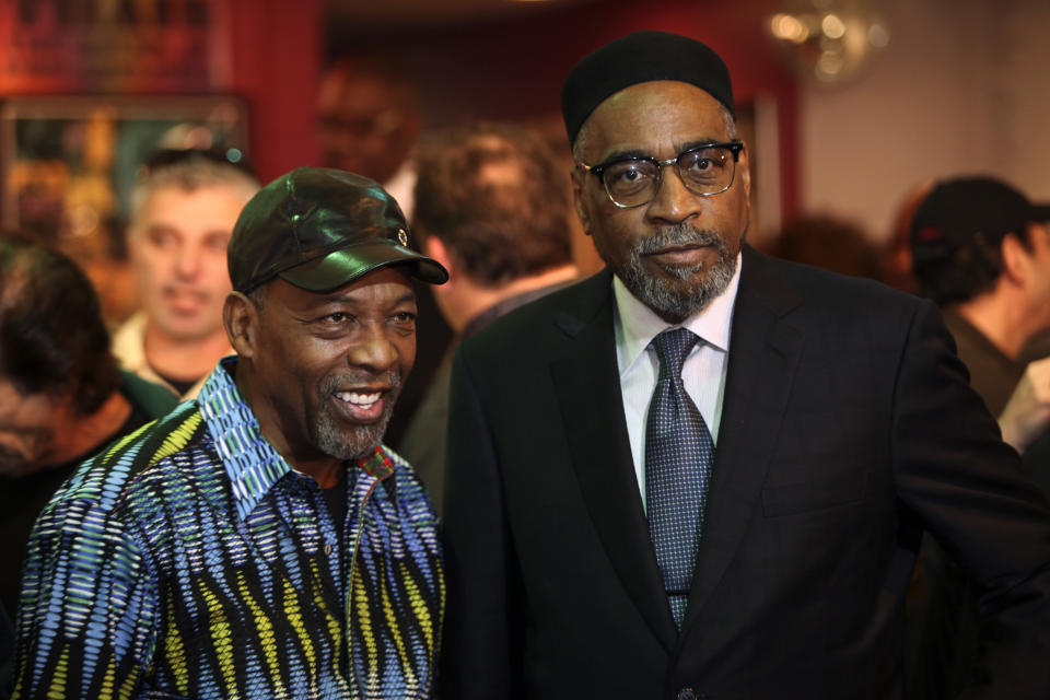 FILE - Songwriters Kenny Gamble, right, and Leon Huff pose for a photo during a street naming ceremony, in Philadelphia, on Nov. 17, 2010. Black Music Month was originally founded in 1971 by Philadelphia soul pioneer Kenny Gamble. (AP Photo/Joseph Kaczmarek, File)