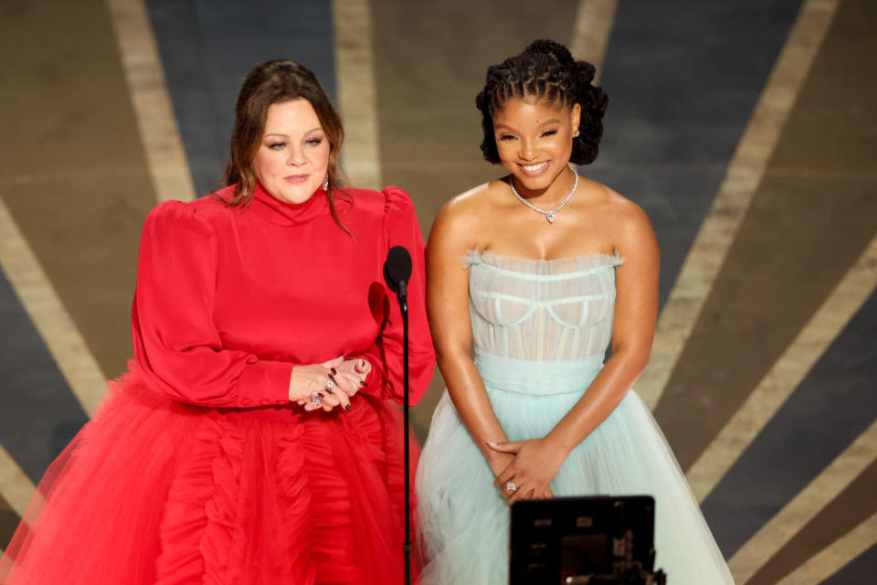 Melissa McCarthy and Halle Bailey onstage at the 95th Annual Academy Awards