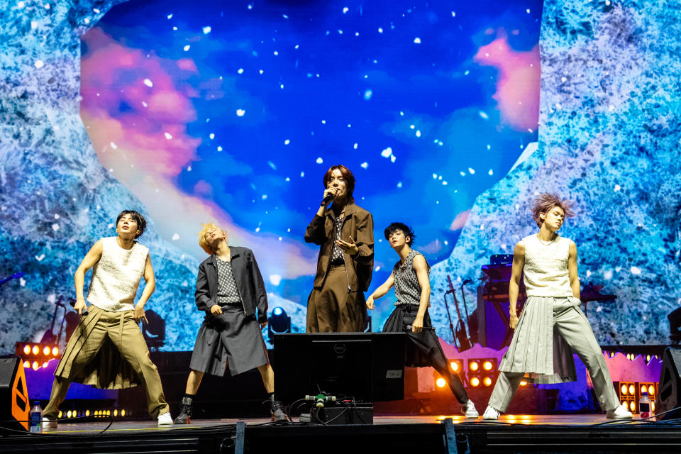 CHICAGO, ILLINOIS - AUGUST 05: (L-R) Yeonjun, Huening Kai, Beomgyu, Soobin, and Taehyun of Tomorrow X Together perform during Lollapalooza at Grant Park on August 05, 2023 in Chicago, Illinois. (Photo by Josh Brasted/FilmMagic)