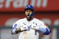 Kansas City Royals' Maikel Garcia reacts after hitting a two-run double during the seventh inning of a baseball game against the Milwaukee Brewers in Kansas City, Mo., Monday, May 6, 2024. (AP Photo/Colin E. Braley)