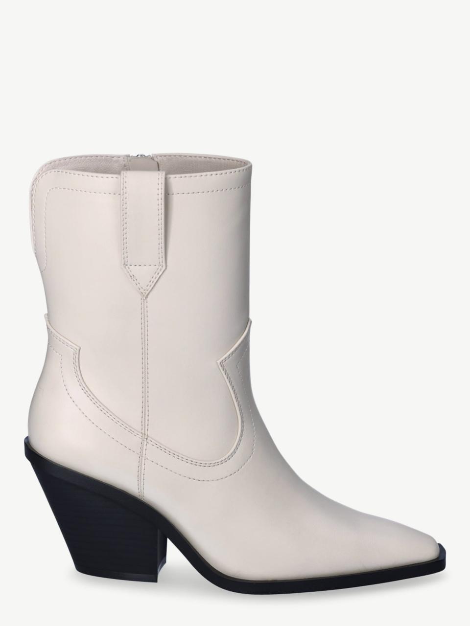 Ankle-high white western boot with a pointed toe and a small heel