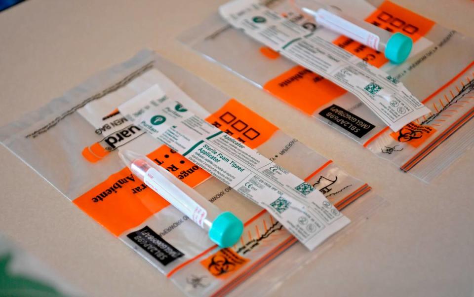 Coronavirus tests ready to be administered at the AMI Centre County COVID-19 testing site on Wednesday, Jan. 19, 2022.