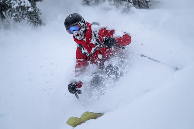 Carston Oliver gets a face full of powder during our first afternoon at the lodge. Tastes good!<p>Photo: Mary McIntyre</p>