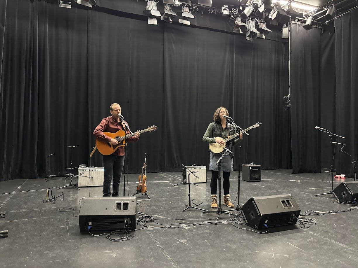 Nathan Smith is part of the band 'Vinta' which is nominated for two awards for their album 'Beacons. Hannah Shira Naiman is nominated for the 'Traditional Singer of the Year' award for her album 'The Wheels Won't Go.'  (Sarah Blackmore/CBC - image credit)