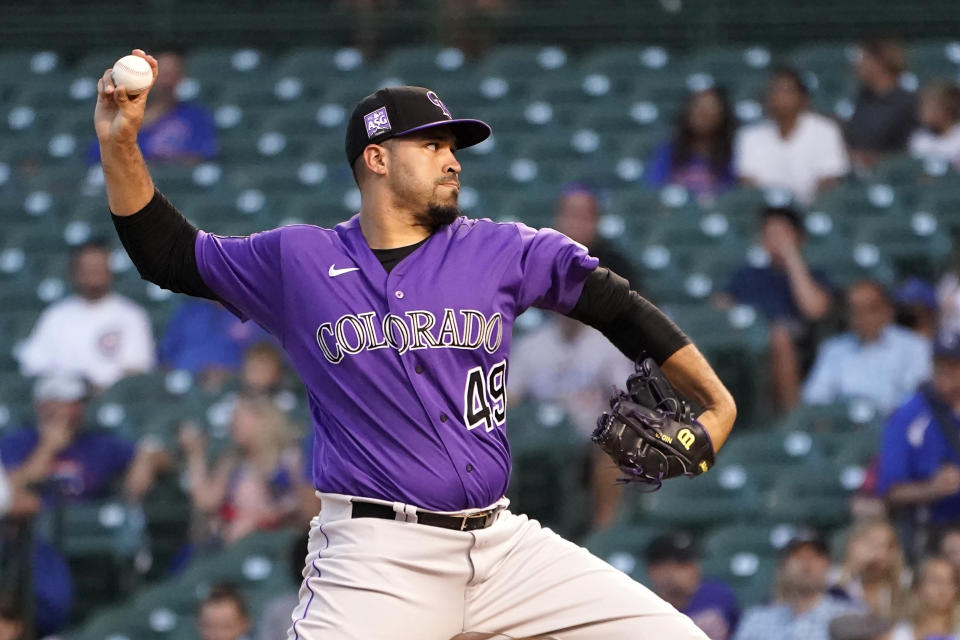 Colorado Rockies starting pitcher Antonio Senzatela delivers during the first inning of a baseball game against the Chicago Cubs Monday, Aug. 23, 2021, in Chicago. (AP Photo/Charles Rex Arbogast)