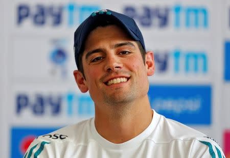 England's captain Alastair Cook attends a news conference ahead of their first test cricket match against India in Rajkot, India, November 8, 2016. REUTERS/Amit Dave