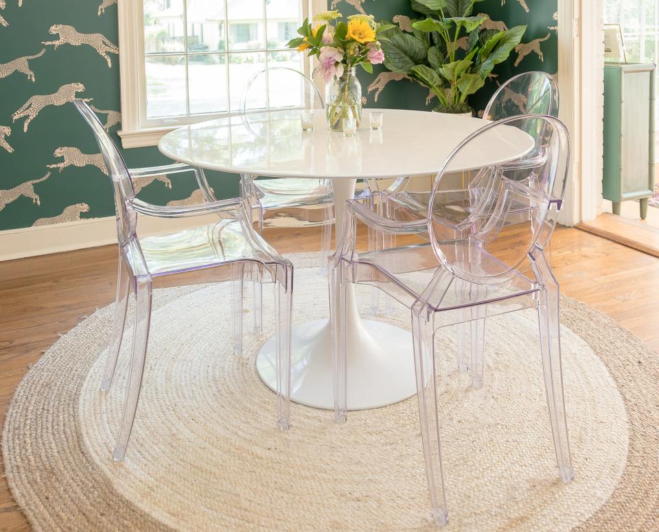 The dining area is ready to host a gathering of friends and family.