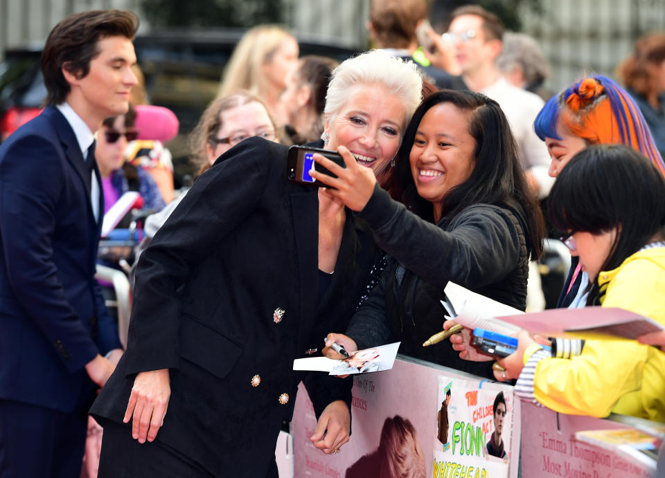 Emma Thompson poses for a selfie with a fan as she attends the Children Act Premiere, London.