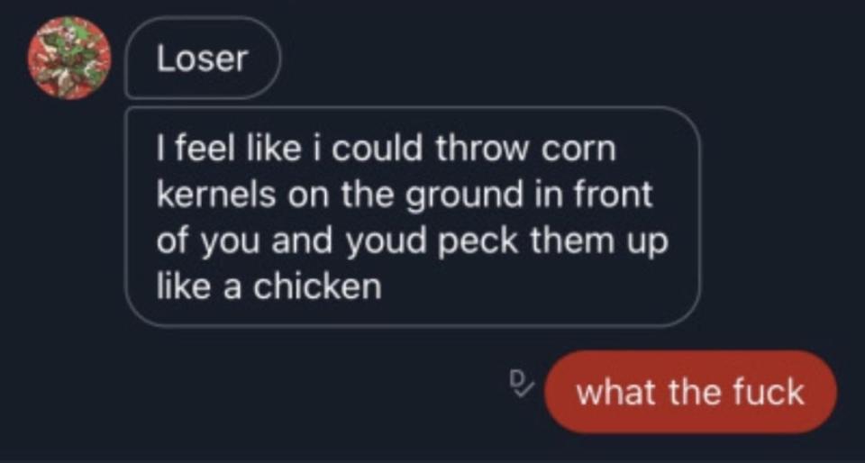 "Loser, I feel like I could throw corn kernels on the ground in front of you and you'd peck them up like a chicken"; "What the fuck"