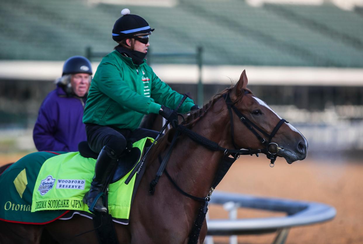 Kentucky Derby contender Derma Sotogake of Japan takes to the track April 24, 2023 at Churchill Downs in Louisville, Ky. The colt, which won the UAE Derby, has won $1.1 million in stakes so far. Trainer is Hidetaka Otonashi.