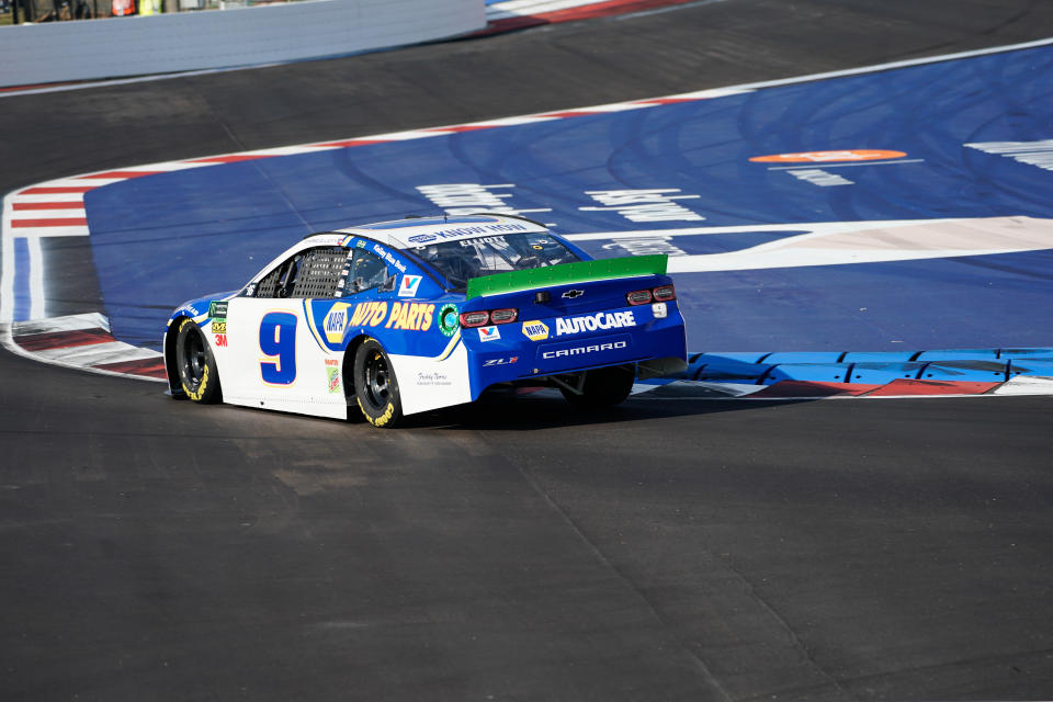 Sep 27, 2019; Concord, NC, USA; Monster Energy NASCAR Cup Series driver Chase Elliott (9) drives through the chicane during qualifying for the Bank of America ROVAL 400 at Charlotte Motor Speedway. Mandatory Credit: Jim Dedmon-USA TODAY Sports