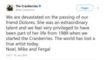 <p>Auf Twitter zeigten sich die verbliebenen Mitglieder der Cranberries bestürzt über den plötzlichen Tod ihrer Kollegin und Freundin. (Foto: Twitter, @The_Cranberries) </p>