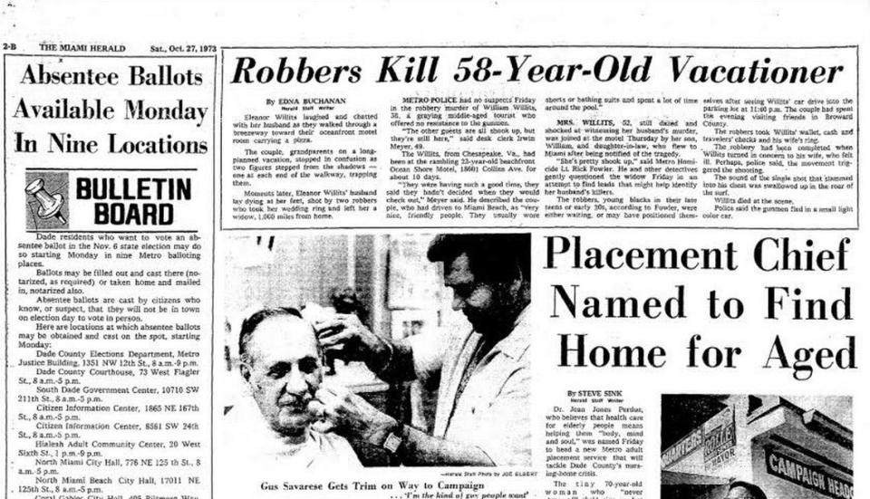 A Miami Herald article from 1977 detailing the murder of William Willits at a North Miami Beach motel.