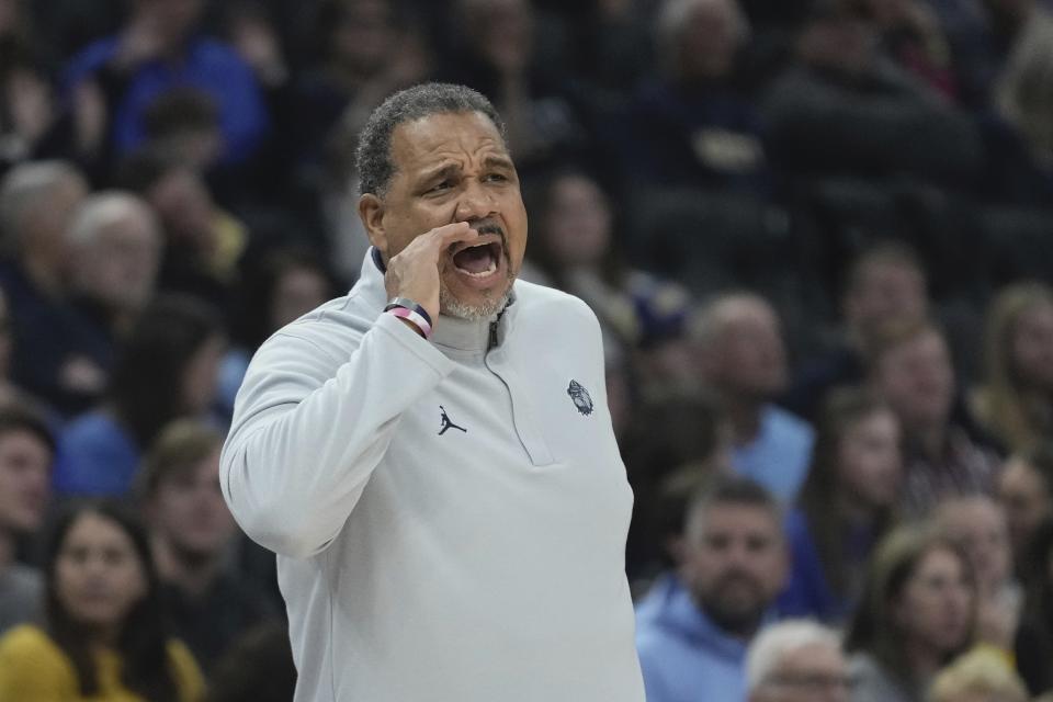 Georgetown head coach Ed Cooley reacts during the first half of an NCAA college basketball game Friday, Dec. 22, 2023, in Milwaukee. (AP Photo/Morry Gash)