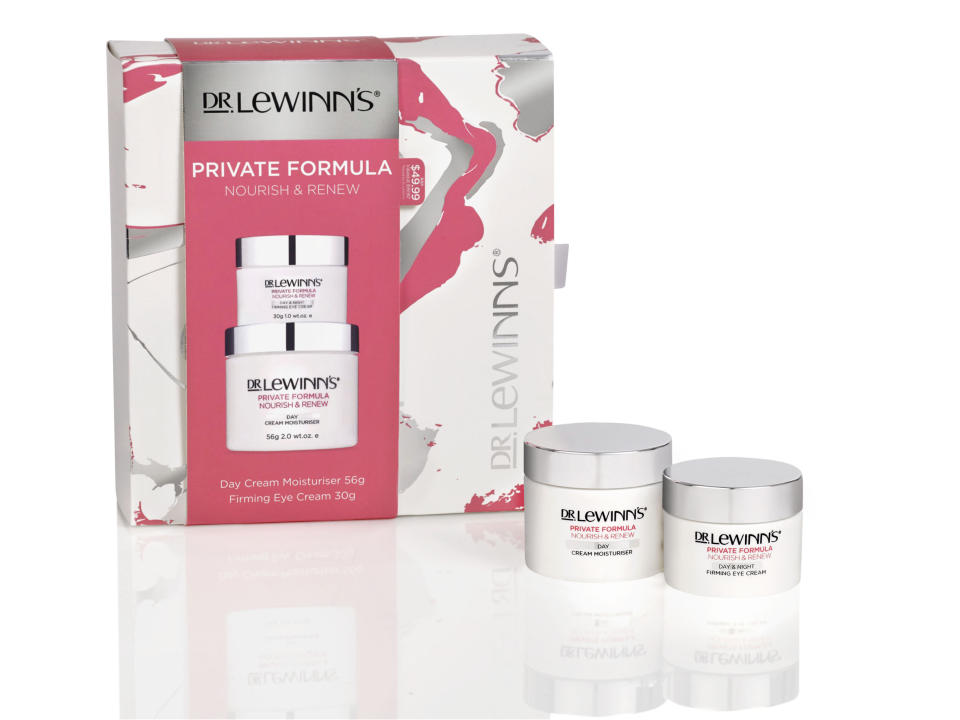 <p><span>The $49.95 <a rel="nofollow noopener" href="https://www.priceline.com.au/brand/dr-lewinns" target="_blank" data-ylk="slk:Dr. LeWinn’s Private Formula Nourish & Renew Gift Set;elm:context_link;itc:0;sec:content-canvas" class="link ">Dr. LeWinn’s Private Formula Nourish & Renew Gift Set</a> features moisturiser (56g) and firming eye cream (30g).</span> </p>