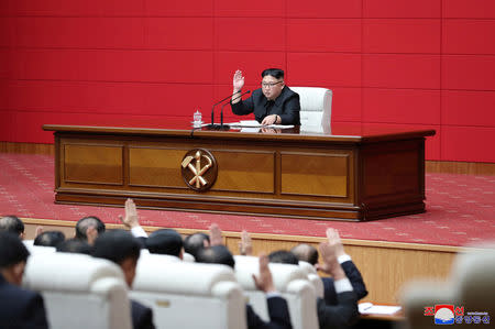 North Korean leader Kim Jong Un takes part in the 4th Plenary Meeting of the 7th Central Committee of the Workers' Party of Korea (WPK) in Pyongyang in this April 10, 2019 photo released on April 11, 2019 by North Korea's Korean Central News Agency (KCNA). KCNA via REUTERS