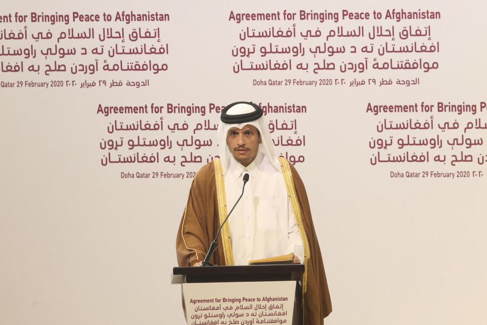 Qatar's Deputy Prime Minister and Foreign Minister Sheikh Mohammed bin Abdulrahman bin Jassim Al-Thani speaks during the agreement signing between Taliban and U.S. officials in Doha, Qatar, Saturday, Feb. 29, 2020. The United States is poised to sign a peace agreement with Taliban militants on Saturday aimed at bringing an end to 18 years of bloodshed in Afghanistan and allowing U.S. troops to return home from America's longest war. (AP Photo/Hussein Sayed)