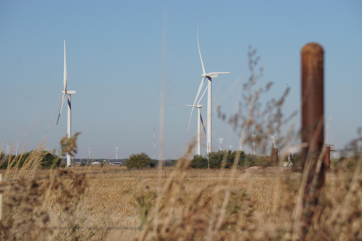 Most of the foreign-owned and leased and in Oklahoma is by Canadian and European energy companies that operate wind farms, like this one in Kingfisher County.. Taken on Thursday, November 2, 2023.