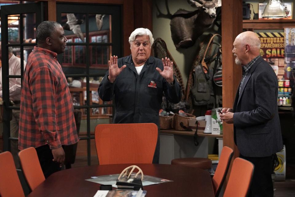 Mike Baxter's friends Chuck (Jonathan Adams), left, Joe (Jay Leno) and Ed (Hector Elizondo) chat in the Outdoor Man office on Fox's "Last Man Standing."