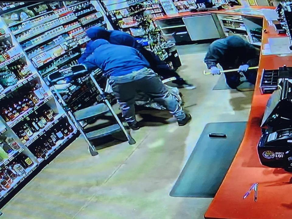 Three suspects used a crow bar to force the door open at Kelly's Express Mart, entered the business and filled a large trash bag with numerous items of merchandise from behind the counter, mainly alcohol and tobacco products, police said.