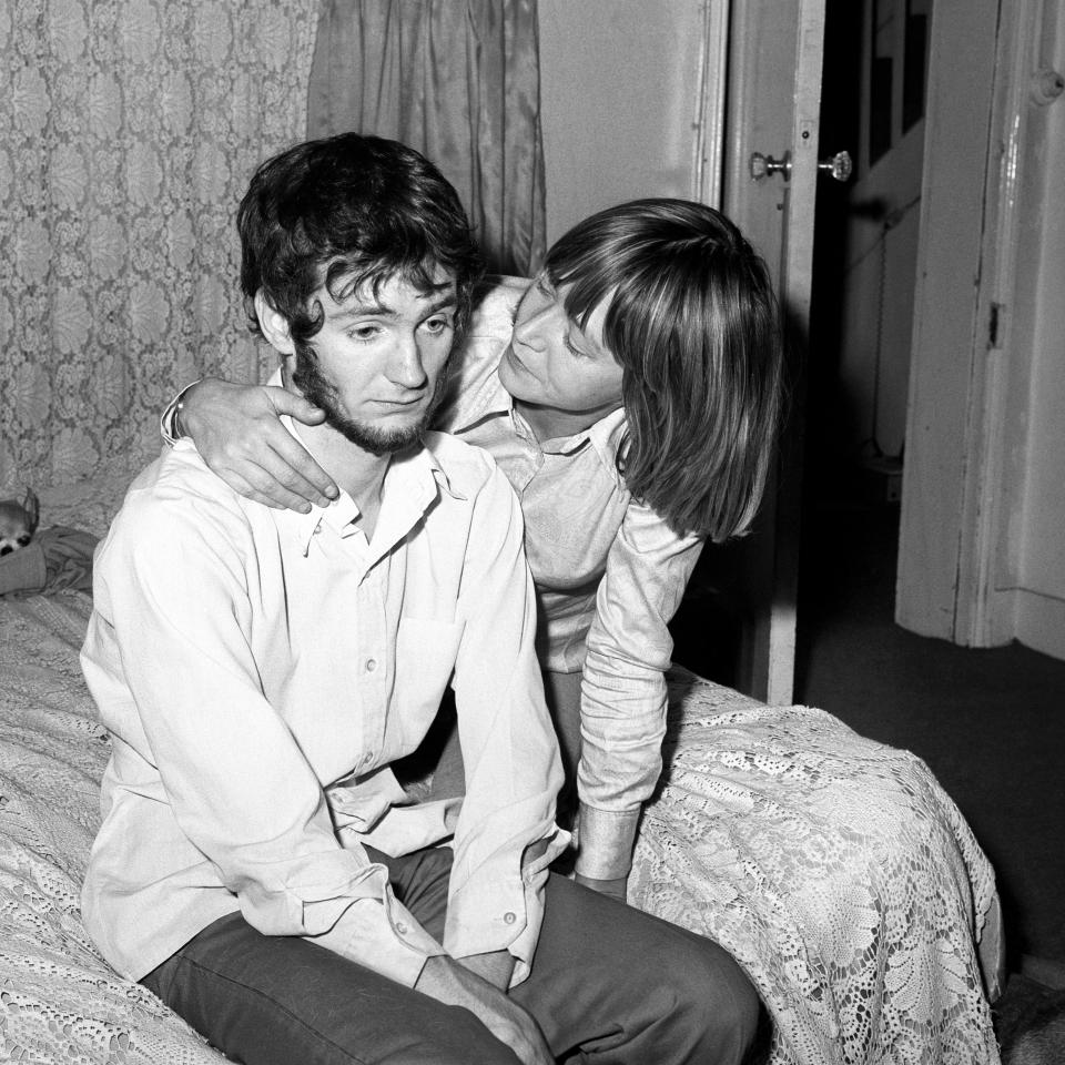 Disc Jockey Kenny Everett is consoled by his wife Lee in their Holland Road flat this evening after he had been sacked by the BBC for his remarks about the transport ministers wife passing her advanced driving test and for criticising the BBC in a pop music paper.