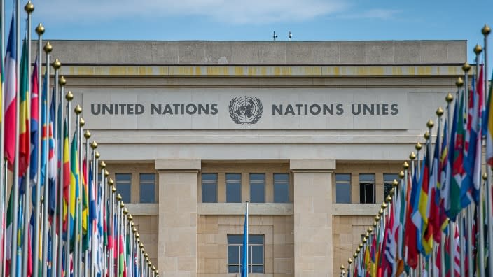 Flags stand outside the United Nations building in Geneva, Switzerland. A report to the UN Human Rights Council presented Monday concluded that there’s a significant problem with systemic racism in that nation. (Photo: Robert Hradil/Getty Images)