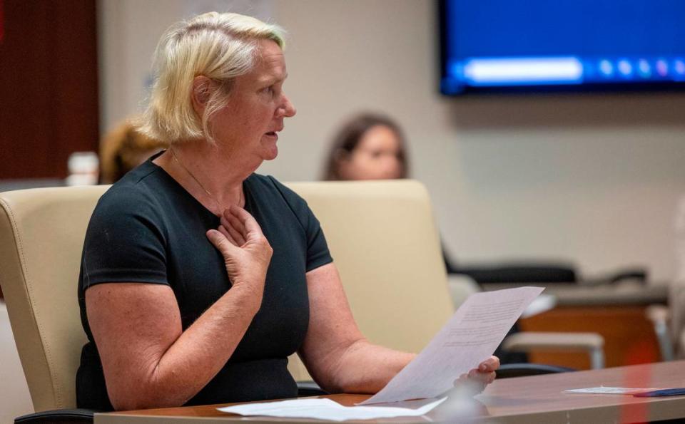 Pam Van Emden, an N.C. State employee, urges the NC State Health Plan board to maintain coverage of the medication weight loss medications called GLP-1s during a board meeting in Raleigh Thursday, Oct. 26, 2023. The NC State Health Plan voted to remove coverage of GLP-1s, which have generated publicity for their remarkable efficacy and have become widely popular among the plan’s members.