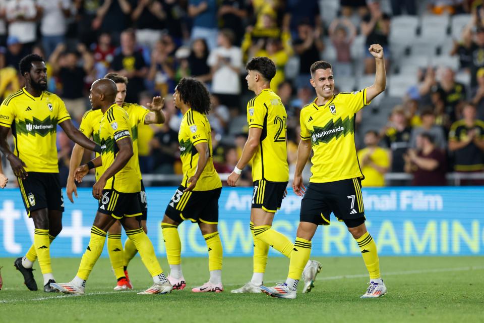 Jul 27, 2024; Columbus, Ohio, USA; Columbus Crew midfielder Dylan Chambost (7) celebrates a goal during the second half in the Leagues Cup Showcase game against Aston Villa at Lower.com Field. Mandatory Credit: Graham Stokes-USA TODAY Sports