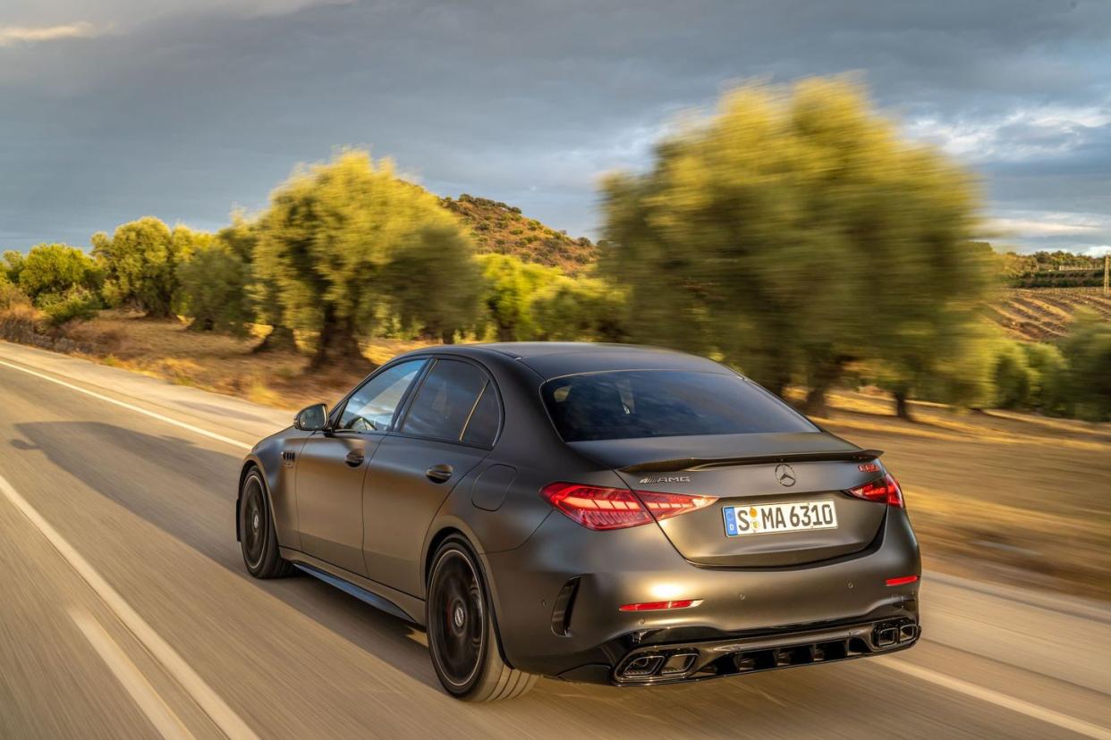 2024 mercedes amg c63 s e performance sedan rear driving