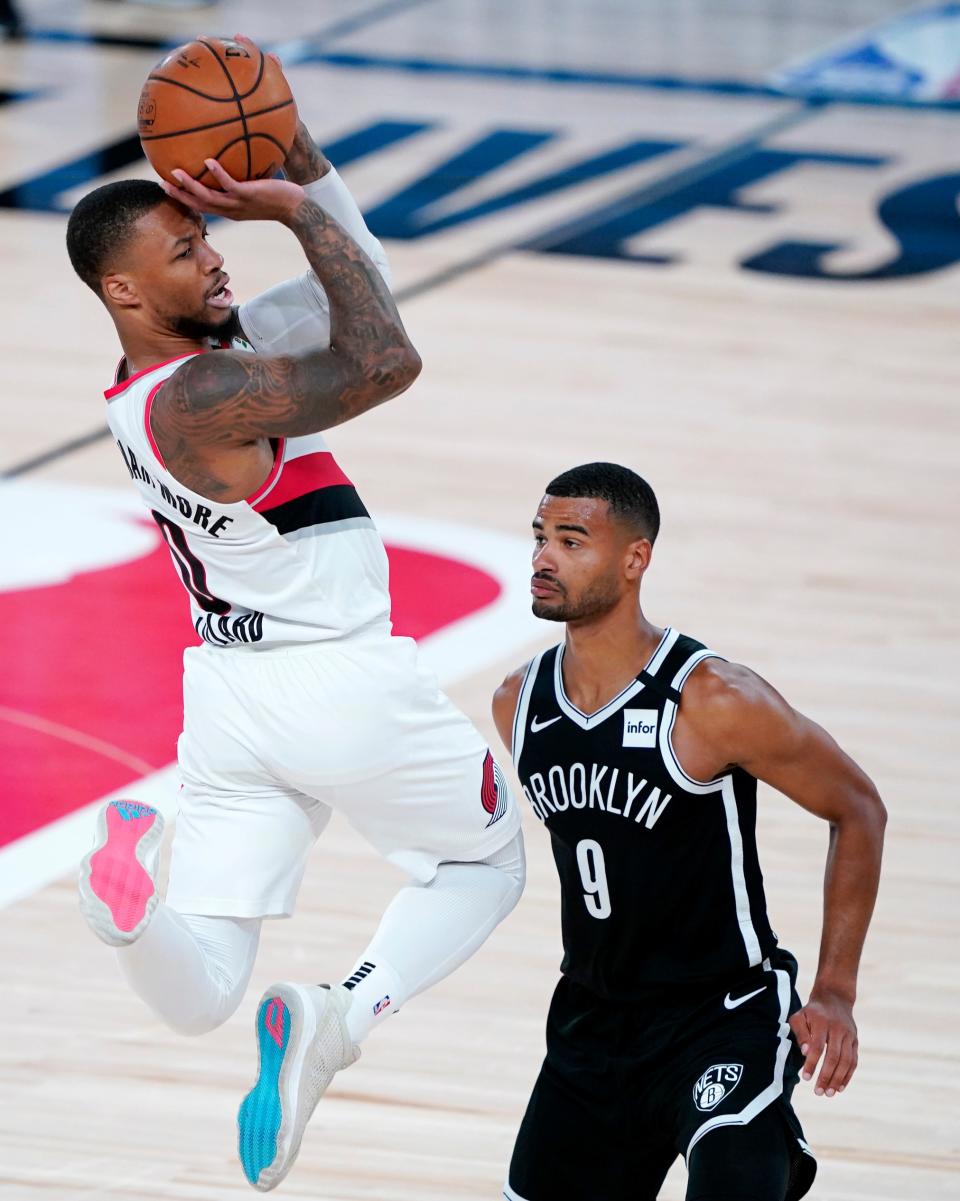 Damian Lillard of the Portland Trail Blazers during a game against the Brooklyn Nets in Lake Buena Vista, Florida, August 13, 2020.