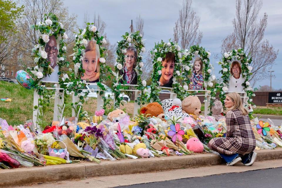 PHOTO: A woman looks on at the memorial for the Covenant School shooting victims at the Covenant Schoo, on March 31, 2023, in Nashville, Tenn. (Johnnie Izquierdo for The Washington Post via Getty Images)
