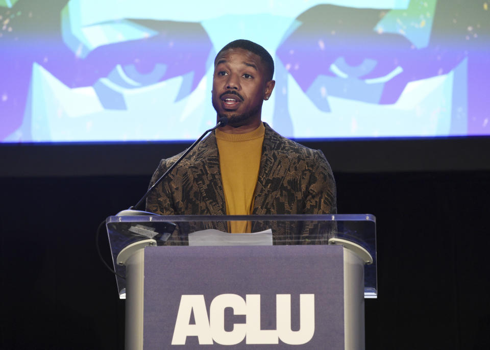 Actor Michael B. Jordan addresses the audience at the ACLU SoCal's 25th Annual Luncheon at the JW Marriott at LA Live, Friday, June 7, 2019, in Los Angeles. (Photo by Chris Pizzello/Invision/AP)