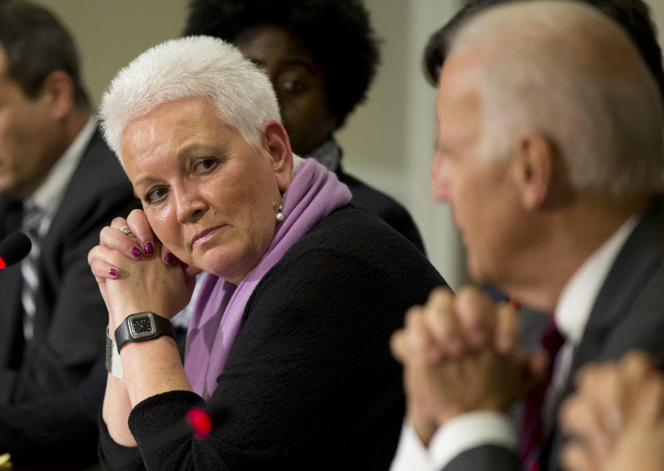 This Nov. 13, 2014, photo shows White House adviser Gayle Smith, attending a meeting with Vice President Joe Biden, on President Barack Obama administration’s response to Ebola in the Eisenhower Executive Office Building at the White House compound in Washington. President Barack Obama tapped Smith on April 30, 2015, to run the U.S. Agency for International Development, putting a former journalist and longtime Africa expert in charge of his global development agenda for the final years of his presidency. Smith, the senior director for development and democracy at the White House's National Security Council, has had a diverse career working on humanitarian efforts in and out of government, including a former stint at USAID.  (AP Photo/Manuel Balce Ceneta)