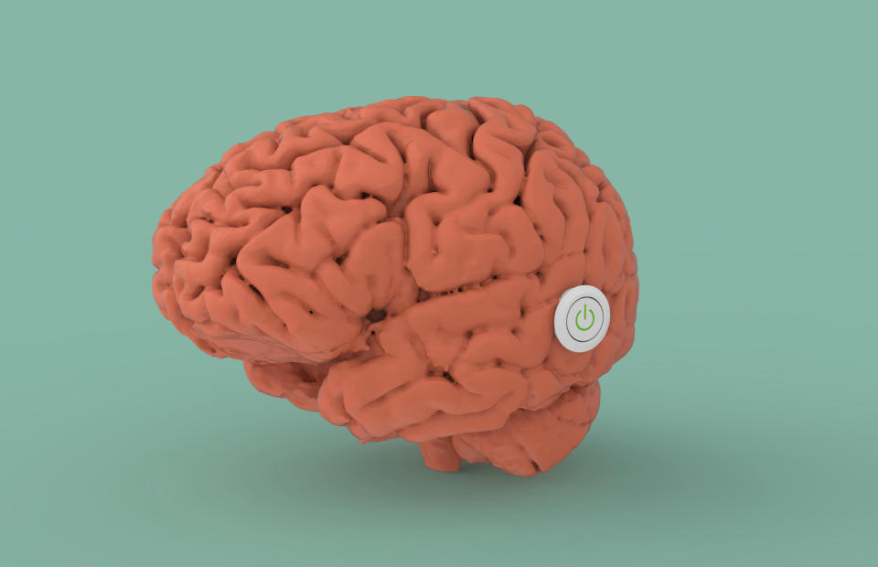 Brain concept with power on off button switch 3d render image