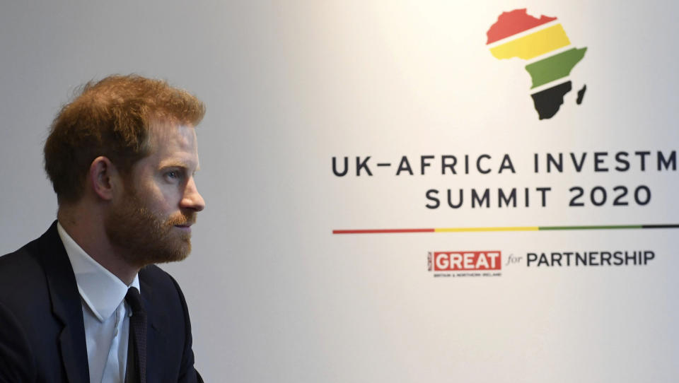 Britain's Prince Harry meets with Prime Minister of Morocco Saadeddine Othmani at the UK Africa Investment Summit in London, Monday Jan. 20, 2020. Britain's Prime Minister Boris Johnson is hosting 54 African heads of state or government in London, as the U.K. prepares for post-Brexit dealings with the world. (Stefan Rousseau/Pool via AP)