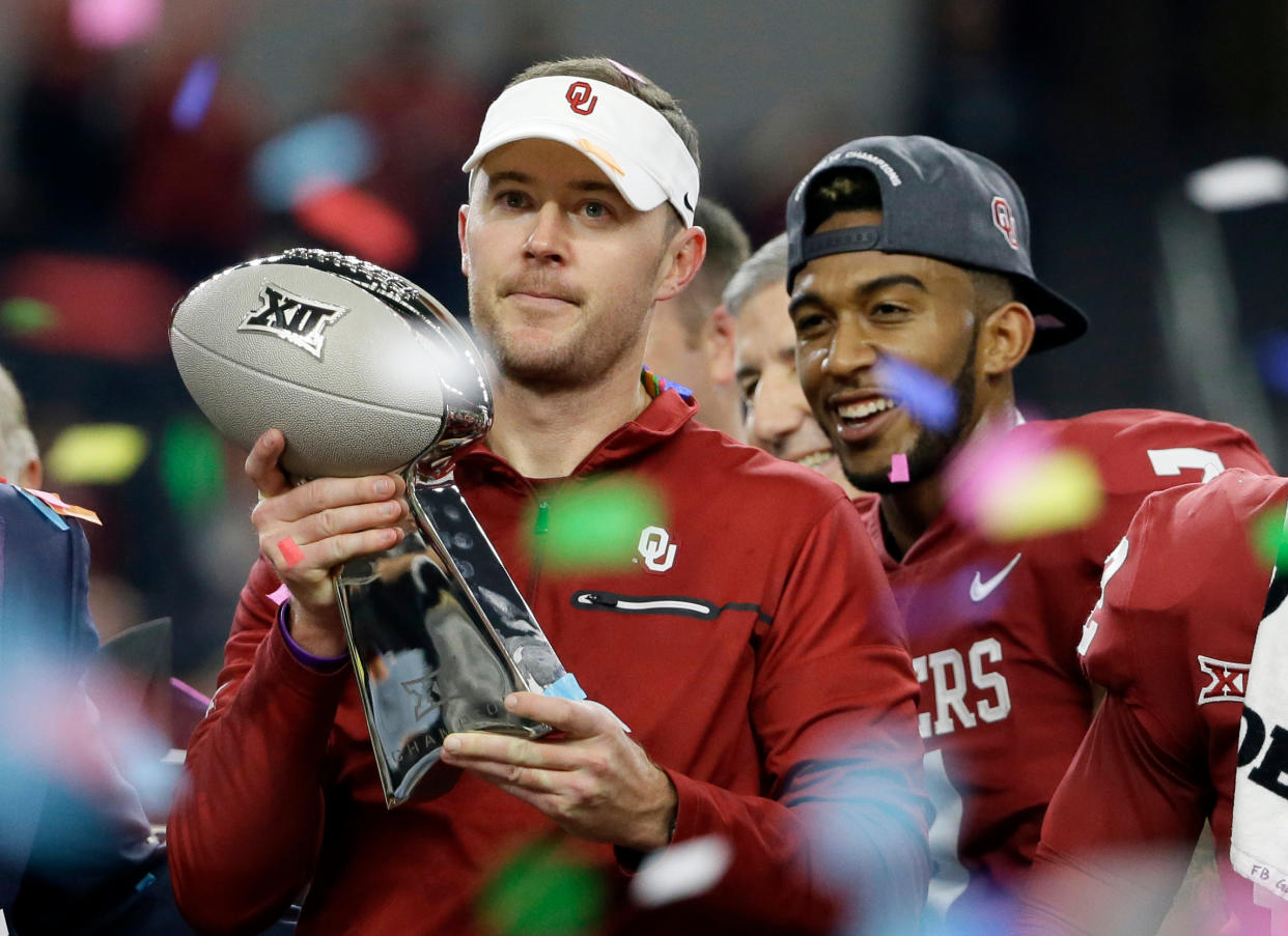 Lincoln Riley is entering his second year as Oklahoma’s coach. (AP Photo/Tony Gutierrez, Fil)