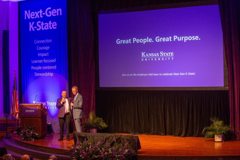 K-State president Richard Linton and his chief of staff Marshall Stewart urge the university community to buy into the university's Next-Gen K-State plan to redefine the mission of a land-grant institution.