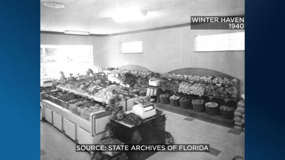 See inside the Publix produce section at the original Winter Haven store in 1940.