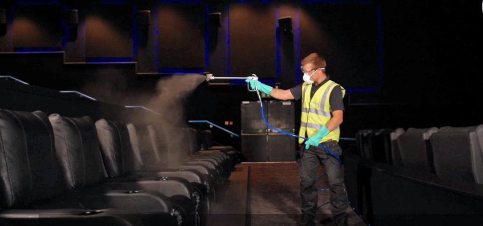 Showcase Cinemas showing how the auditorium will be cleaned after each screening in their cinemas, using a new anti-viral fogging machine that eliminates airborne viruses on contact. (PA)