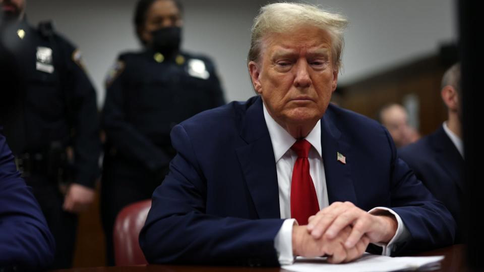 Former President Donald Trump appears in Manhattan Criminal Court on May 16, 2024, in New York during his trial for allegedly covering up hush-money payments. <a href="https://www.gettyimages.com/detail/news-photo/former-u-s-president-donald-trump-appears-in-court-during-news-photo/2152641361?searchscope=image%2Cfilm&adppopup=true" rel="nofollow noopener" target="_blank" data-ylk="slk:Mike Segar-Pool/Getty Images;elm:context_link;itc:0;sec:content-canvas" class="link ">Mike Segar-Pool/Getty Images</a>