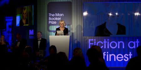 Camilla, Duchess of Cornwall, speaks at the awards dinner for the 2014 Man Booker Prize at the Guildhall in London, October 14, 2014. REUTERS/Alastair Grant/Pool