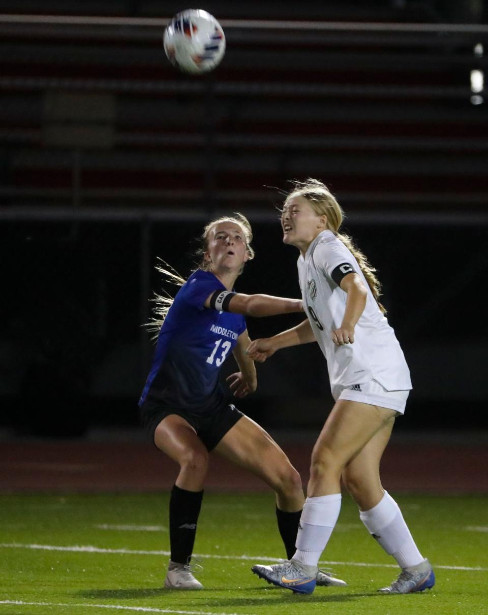 Senior Gabby Riley (left) is among the top returnees for Middletown, which opens the season ranked No. 1 statewide in Division I girls soccer.