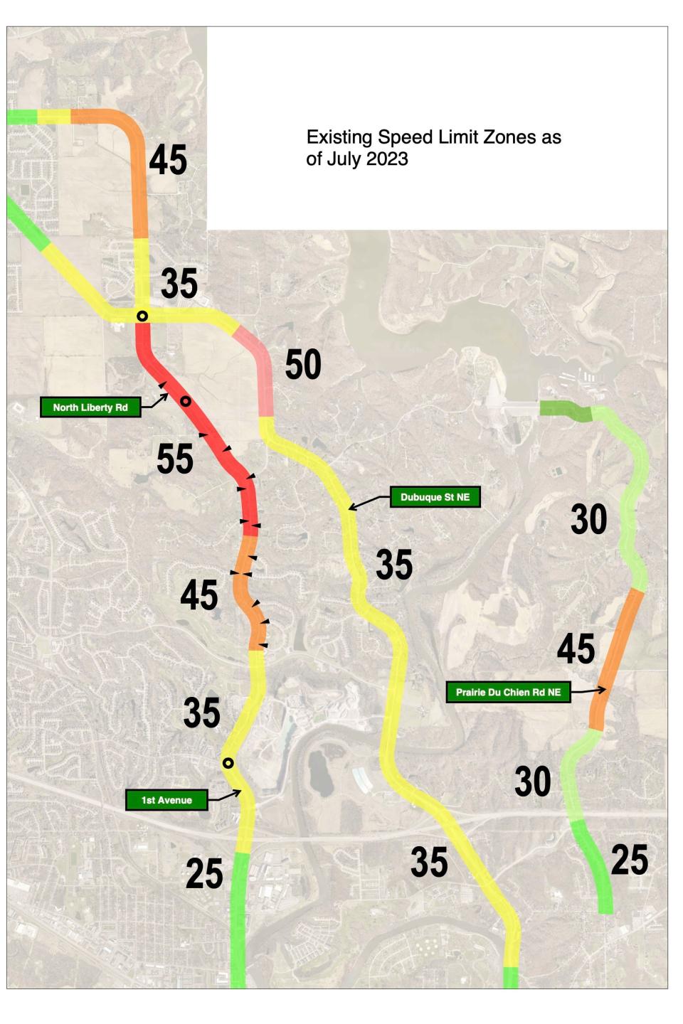 The current speed limits along First Avenue and Dubuque Street in Coralville, which include speed zones of 35, 45, 50 and 55 as drivers navigate between Coralville and North Liberty.