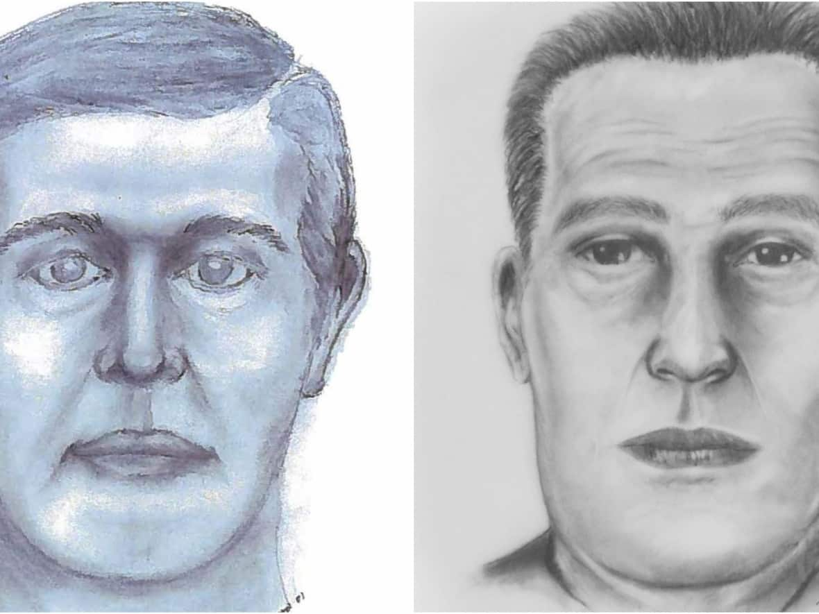 Here are two composite drawings of a man whose remains were found in Banff National Park in 1998. The sketch on the left was done in 2001, and another, on the right, was produced is 2018. (Banff RCMP - image credit)