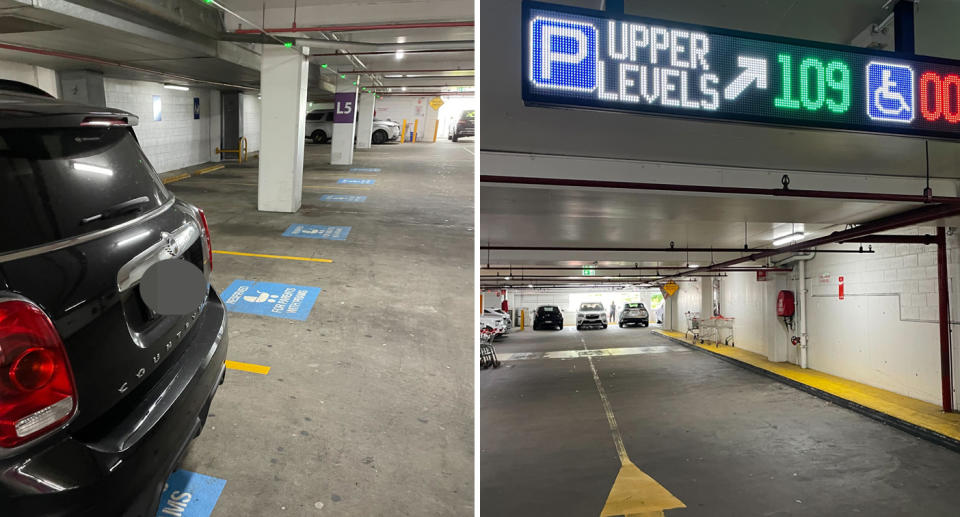 A photo of six parents with prams spots on level five of Eastgate shopping centre in Bondi Junction. Another photo of the carpark.