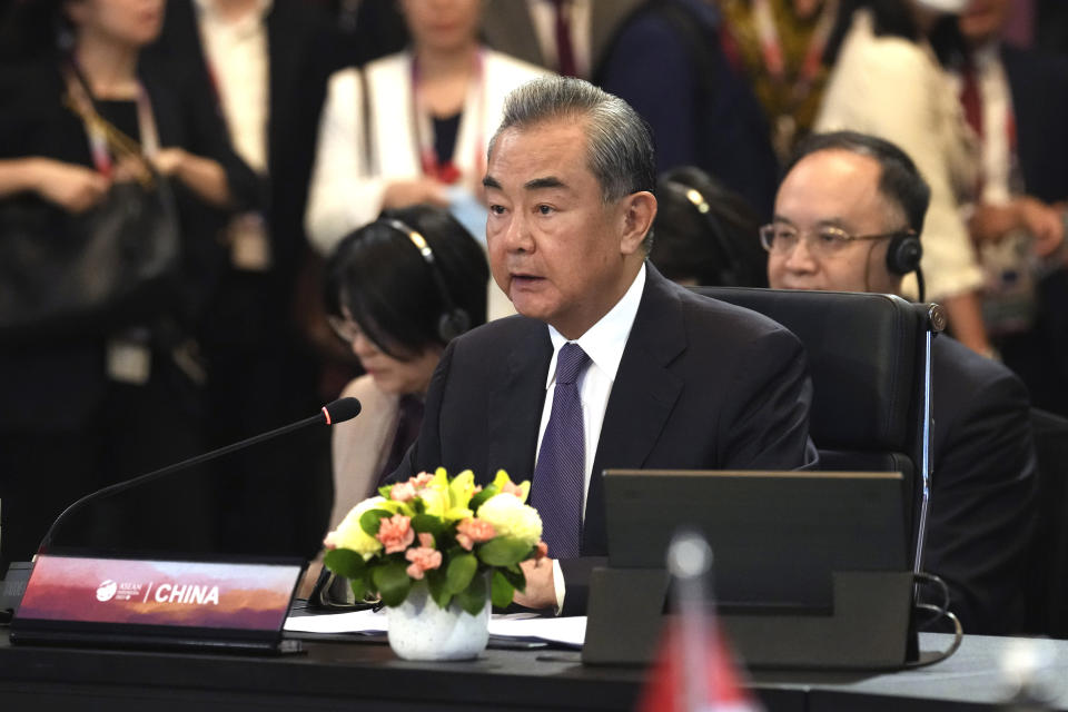 Chinese Communist Party's foreign policy chief Wang Yi speaks during the ASEAN Post Ministerial Conference with China at the Association of Southeast Asian Nations (ASEAN) Foreign Ministers' Meeting in Jakarta, Indonesia, Thursday, July 13, 2023. (AP Photo/Tatan Syuflana, Pool)