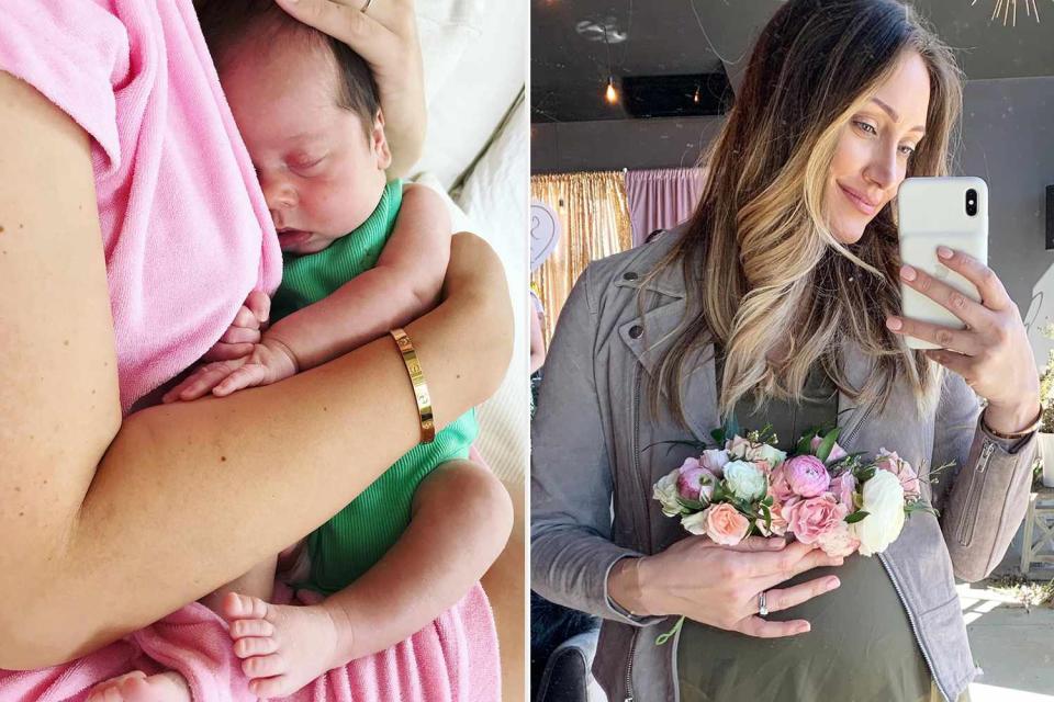 <p>Myke Stauffer/Instagram</p> Myka Stauffer with her newborn baby wearing her Cartier bracelet