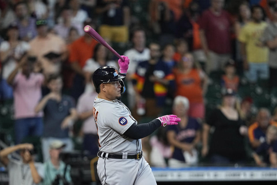 Detroit Tigers' Miguel Cabrera strikes out in the ninth inning to end a baseball game against the Houston Astros Sunday, May 8, 2022, in Houston. The Astros won 5.0.(AP Photo/David J. Phillip)