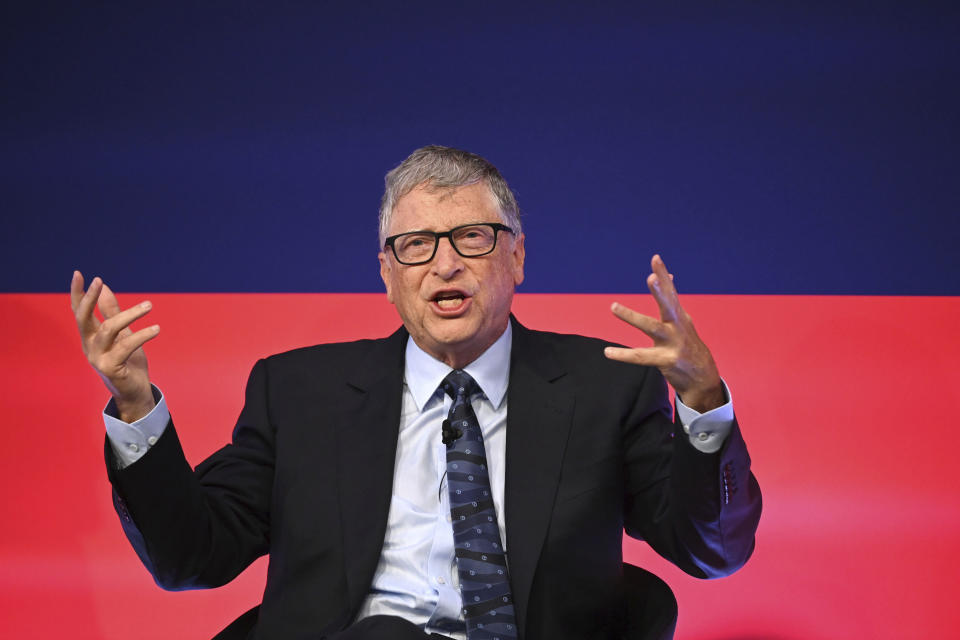 Bill Gates speaks during the Global Investment Summit at the Science Museum, London, Tuesday, Oct, 19, 2021. (Leon Neal/Pool Photo via AP